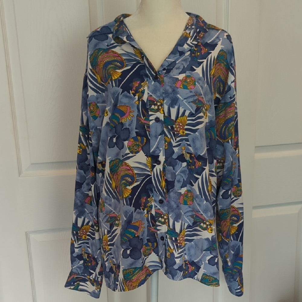 Vintage Aquatic Print Tropical Button Down Shirt